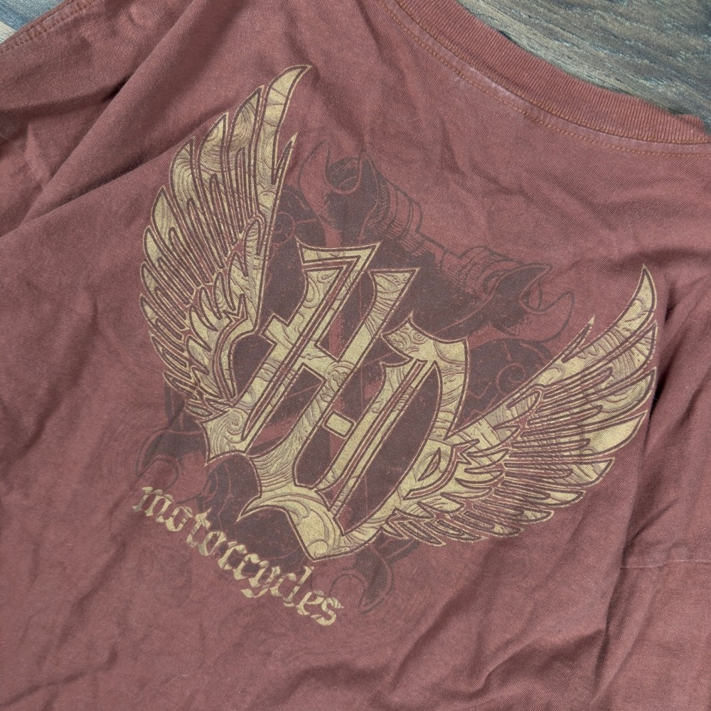 Y2K Harley-Davidson Mens Long Sleeve Graphic T-Shirt Rust Red Winged Logo XL USA
